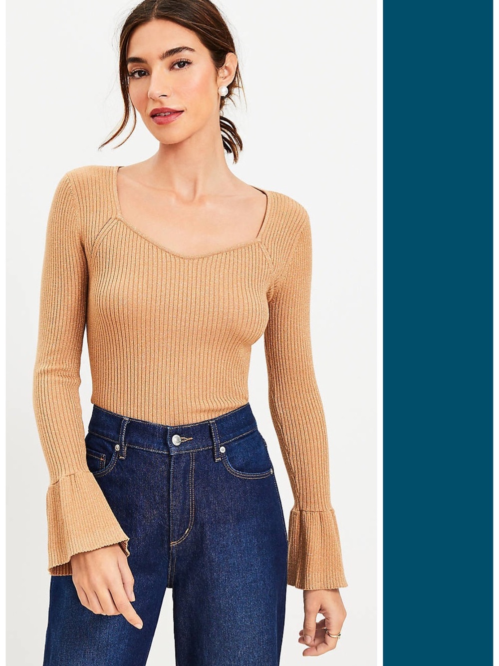 Loft Shimmer Ribbed Sweetheart Neck Flare Cuff Sweater in Camel Size S EUC